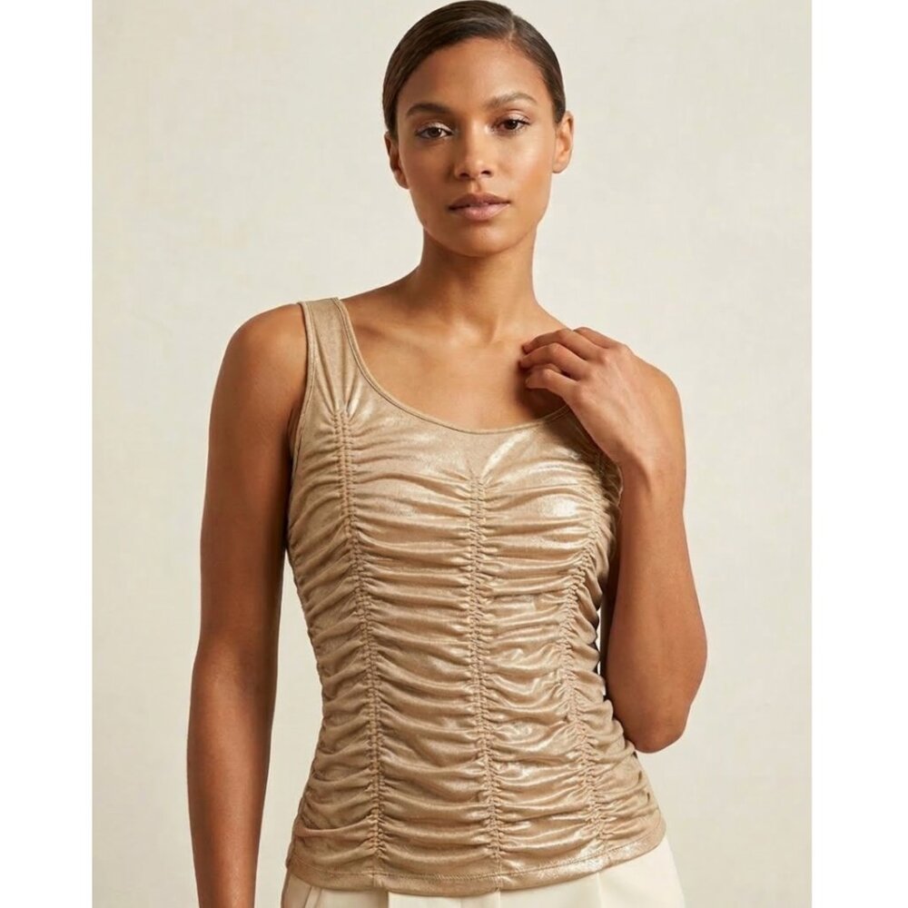 Drew | Metallic Champagne Shimmer Tank Top Ruched Front | Size Small